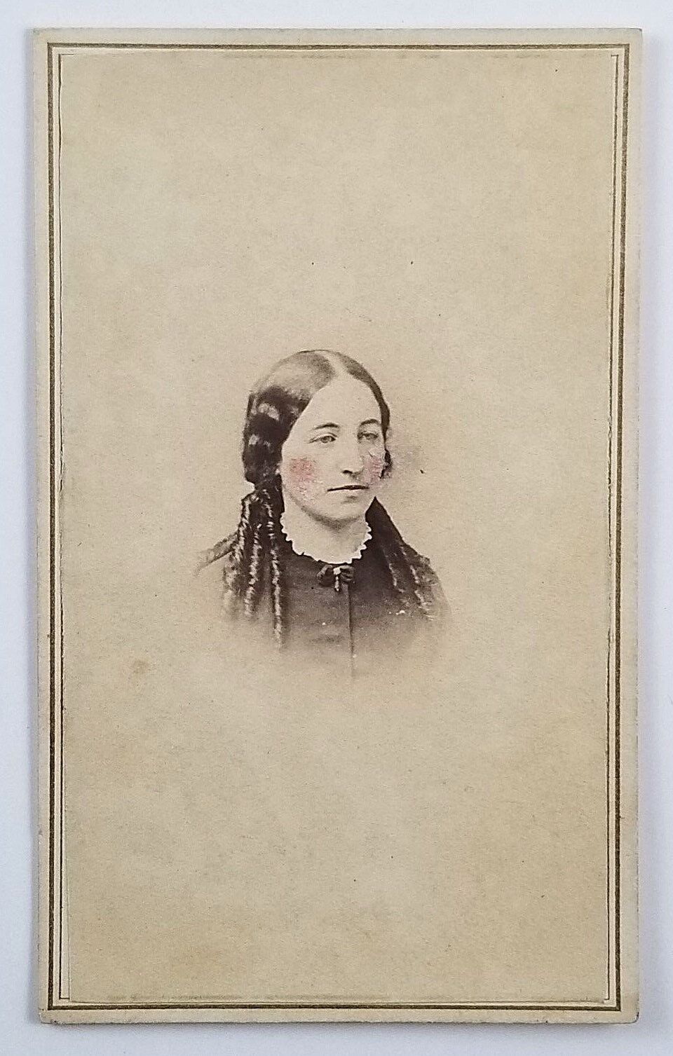 Civil War Era CDV Photo Young Woman Curled Hair Color Tinted Cheeks Newark NJ