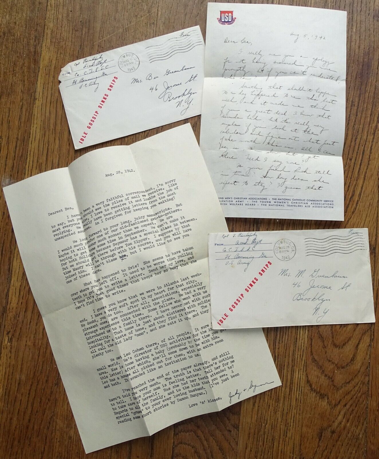 WWII 1942 letters from Ft Benning GA in USO envelopes IDLE GOSSIP SINKS SHIPS