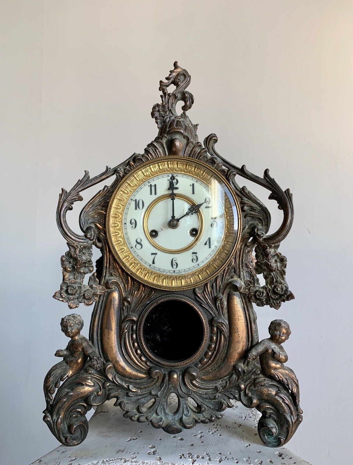 ANTIQUE 1800'S WATERBURY CAST BRASS WOOD MANTLE WALL CLOCK MODEL 