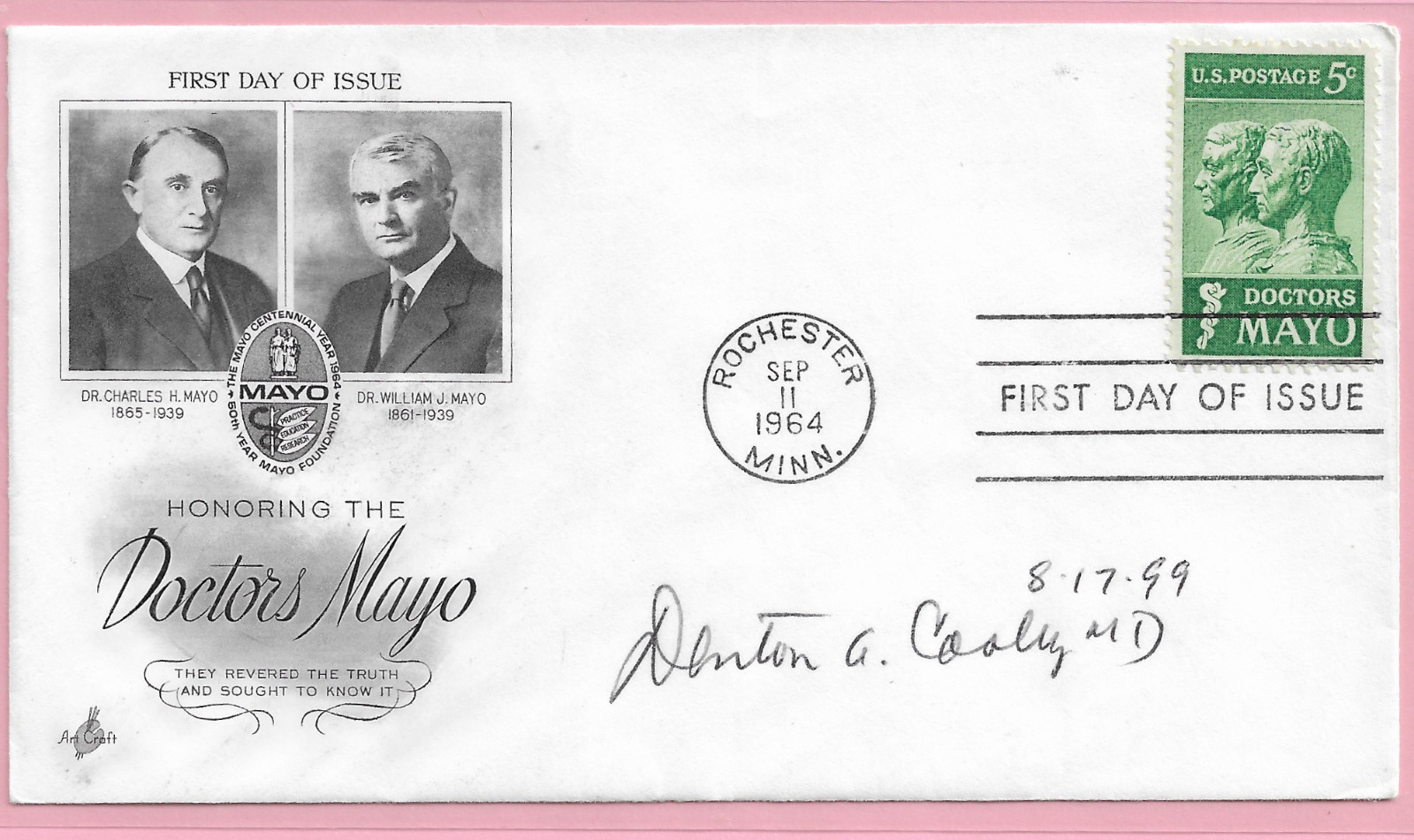 Dr Denton Cooley Heart Surgeon Inventor Signed Autograph Mayo Brothers FDC \'64