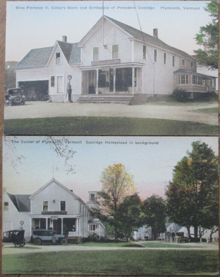 Plymouth, VT PAIR 1934 Postcards: Coolidge Homestead, Cilley's Store - Vermont