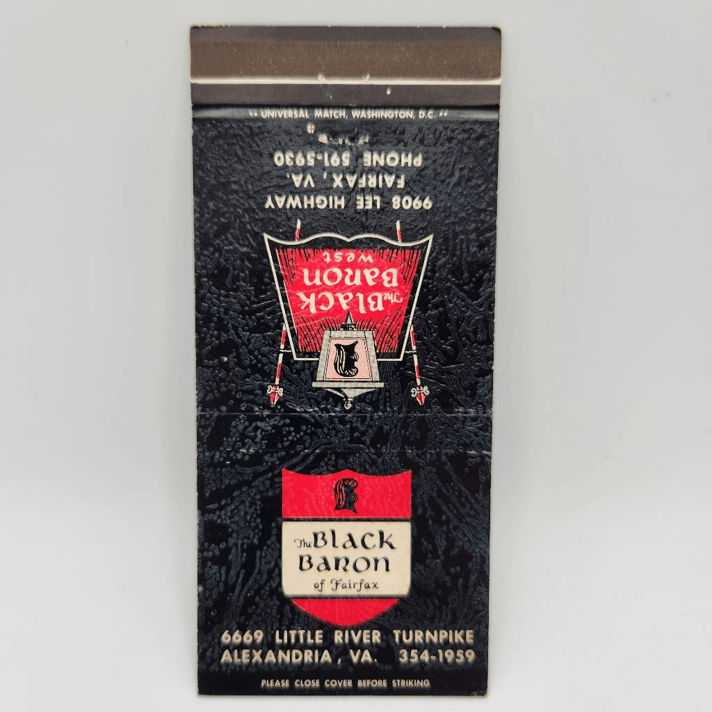 Vintage Matchcover The Black Baron of Fairfax Alexandria Virginia Black Baron We