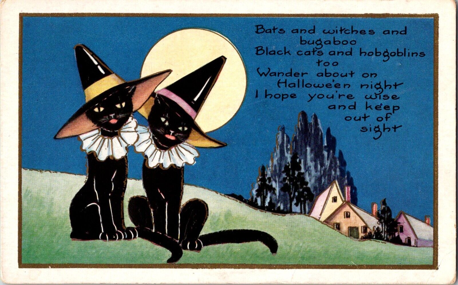 Black Cats Witches Hat Halloween Whitney Made Post Card Embossed Worcester Mass