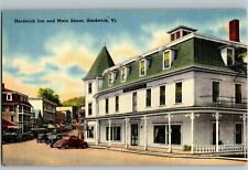 C1930 Linen Postcard Hardwick Inn & Main Street 1930's Cars Hardwick Vermont picture