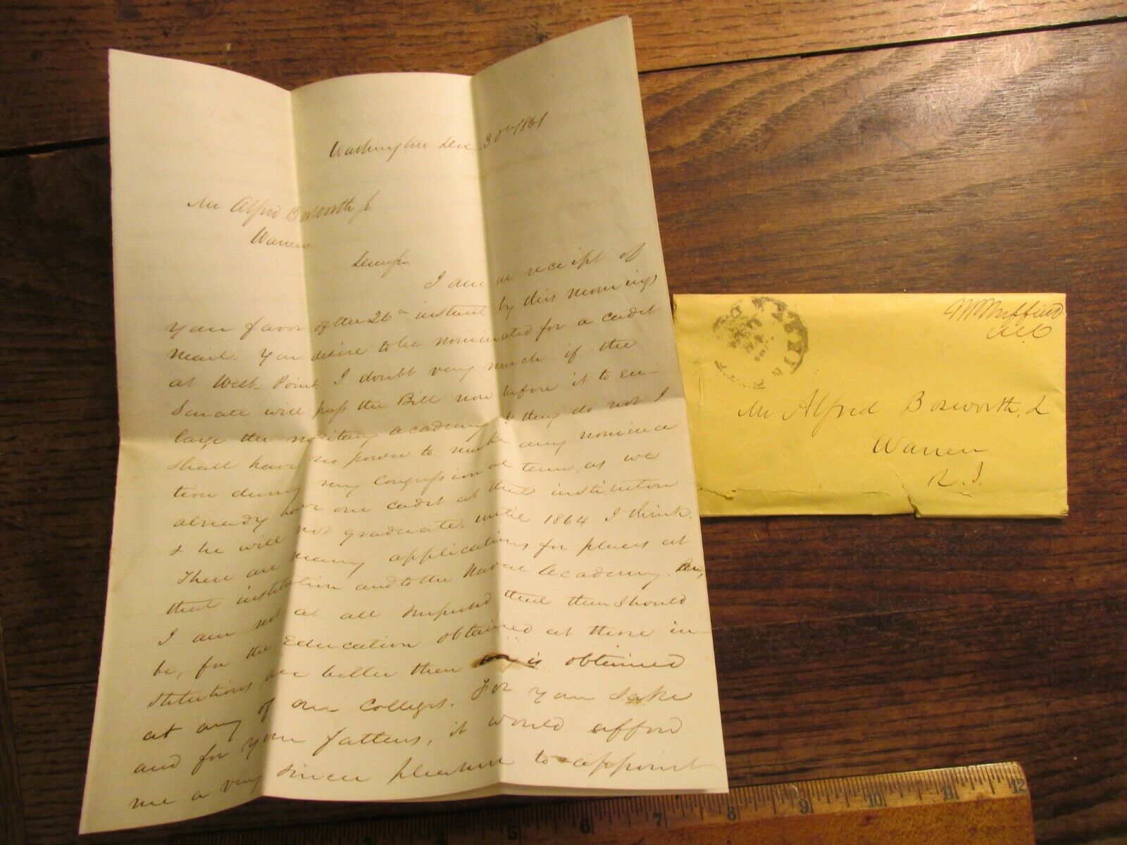 Antique 1861 RI Letter to Alfred Bosworth Re: Request Nomination to West Point