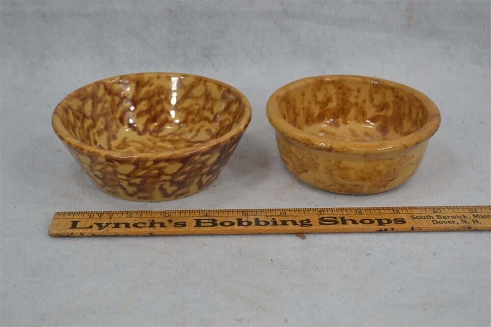antique brown/yellow sponge 5 in bowls 2 Rockingham Bennington 19th c original