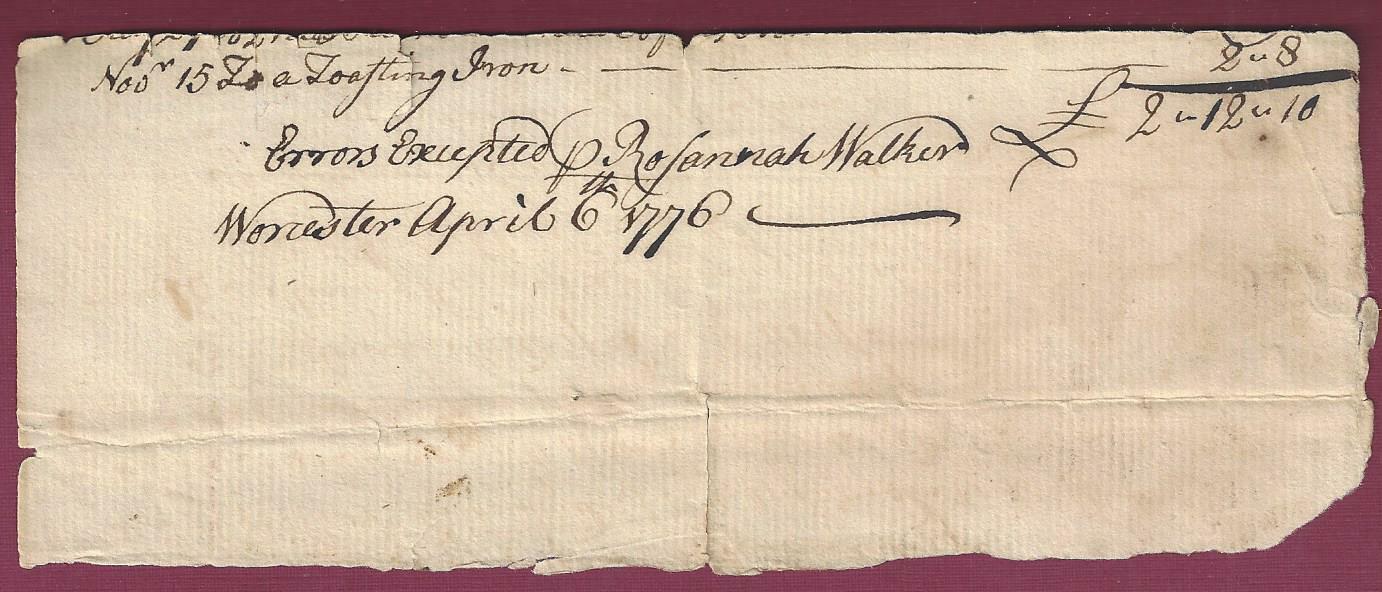 Colonial Era Manuscript Document, Worcester, MA, 1776