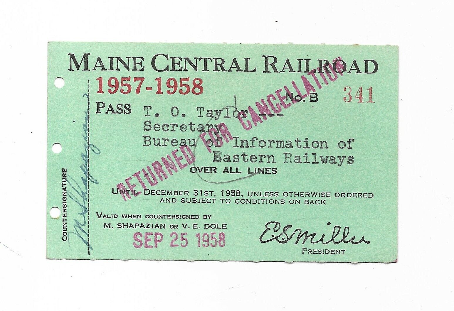 Maine Central Railroad Pass/Ticket 1957-1958 No. B 341 T O Taylor, Secretary