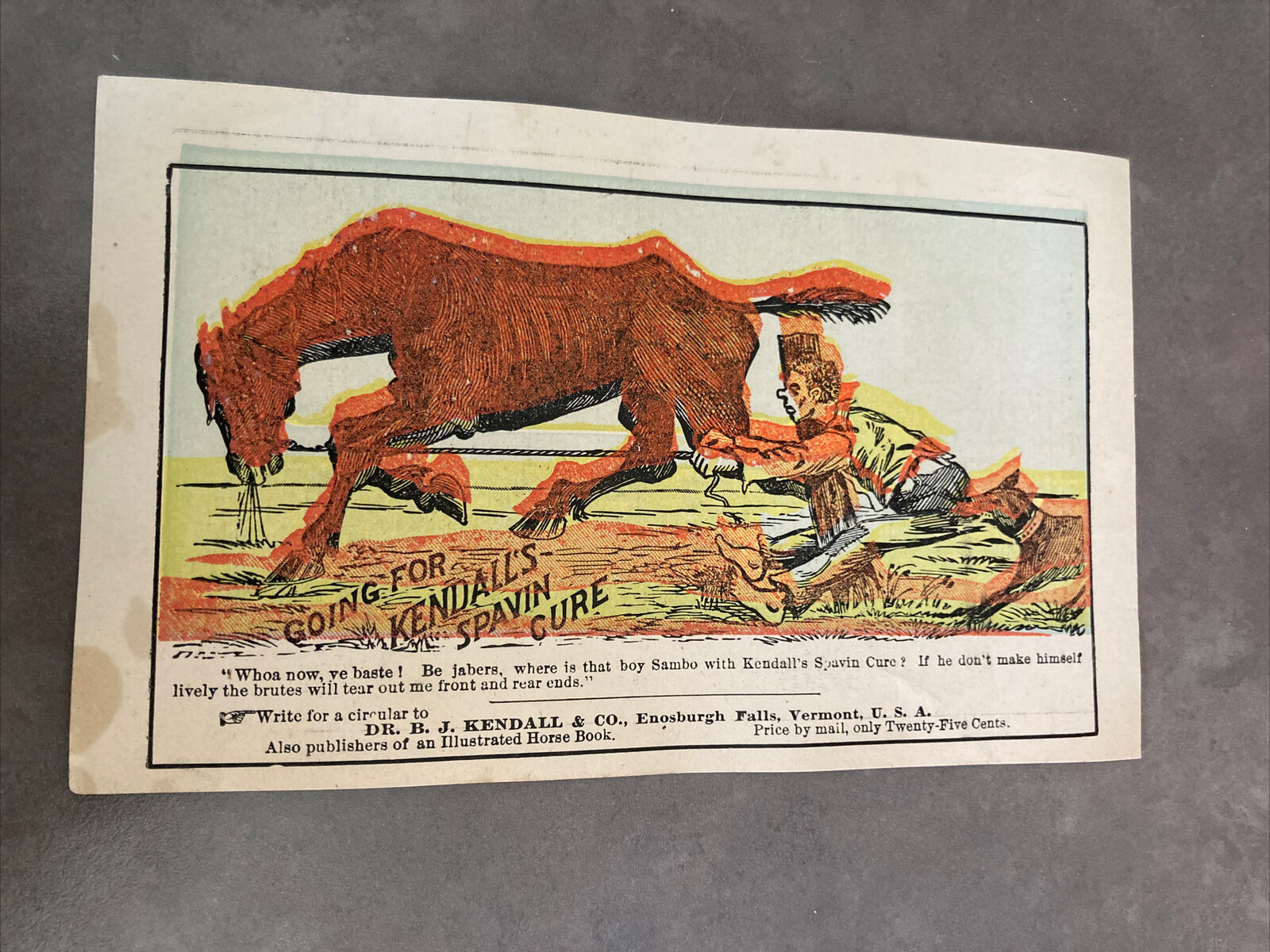 Victorian Trade Card Kendall's Spavin Cure Horse Medicine Enosburgh Falls VT  