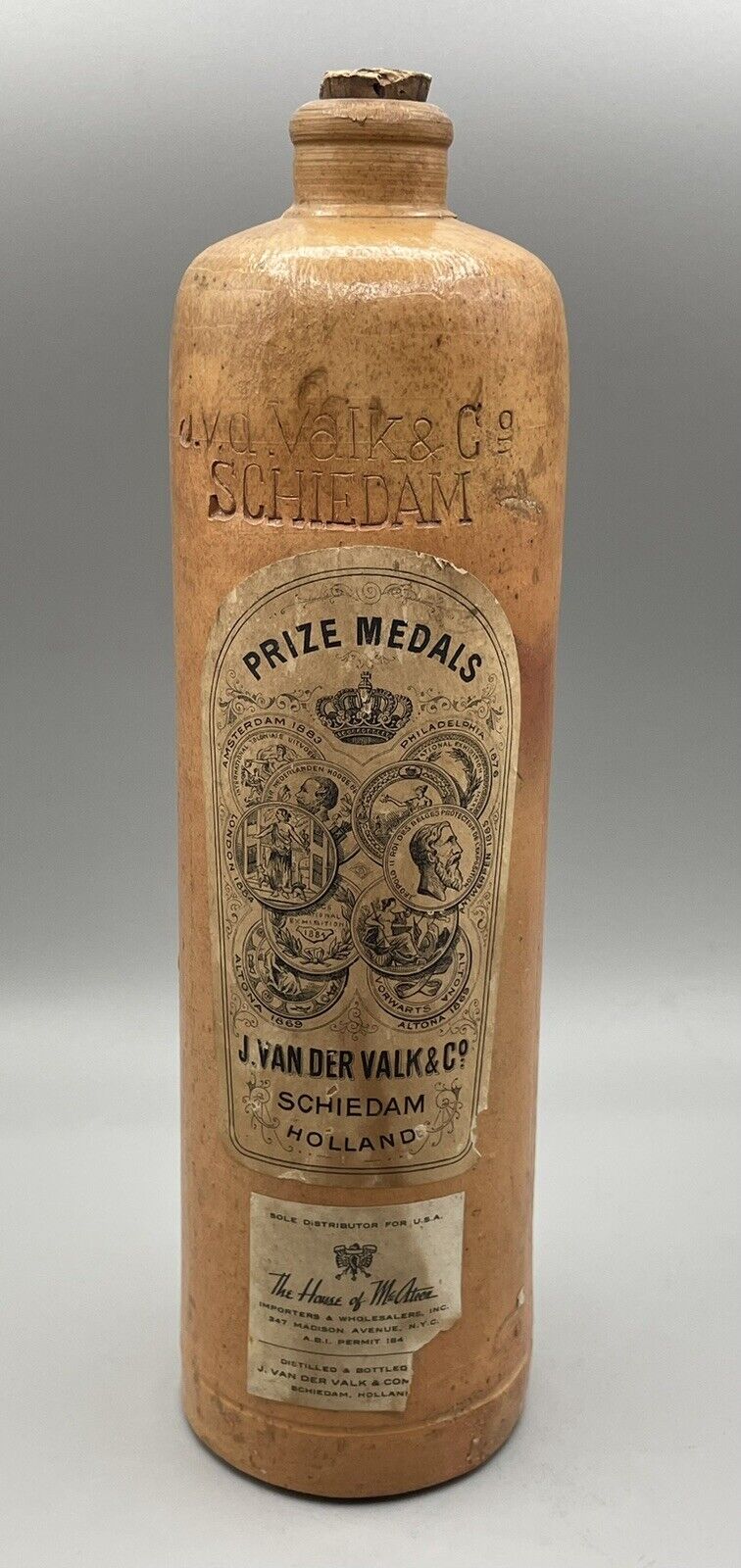 Vintage Valke & Co. Schiedam Holland Stoneware Bottle Decanter w/ Labels + Cork