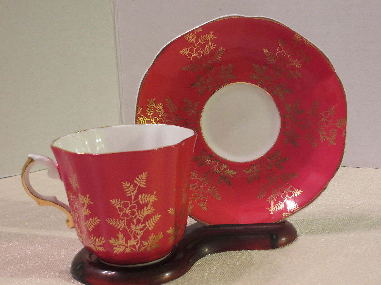 Royal Grafton Cup & Saucer Red With Gold Filigree Made in England
