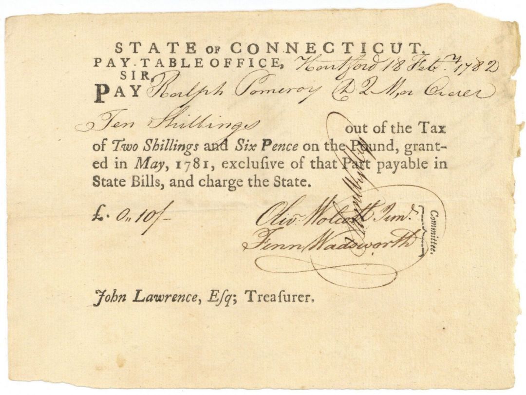 Pay Order Signed by Jedediah Huntington and Oliver Wolcott Jr. - Connecticut - R