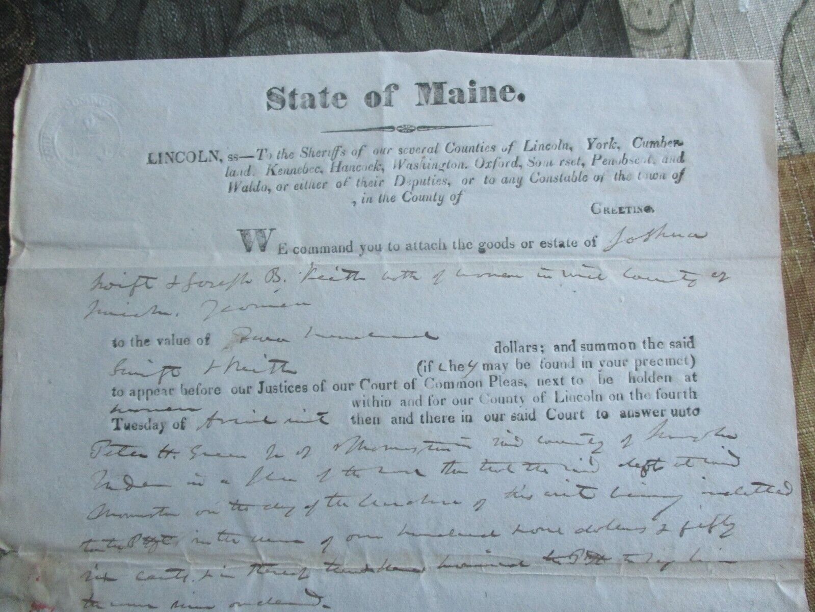 1833 Jonathan Cilley,Sheriff Copeland,J.Swift,N.Coffin Thomaston,Maine Document