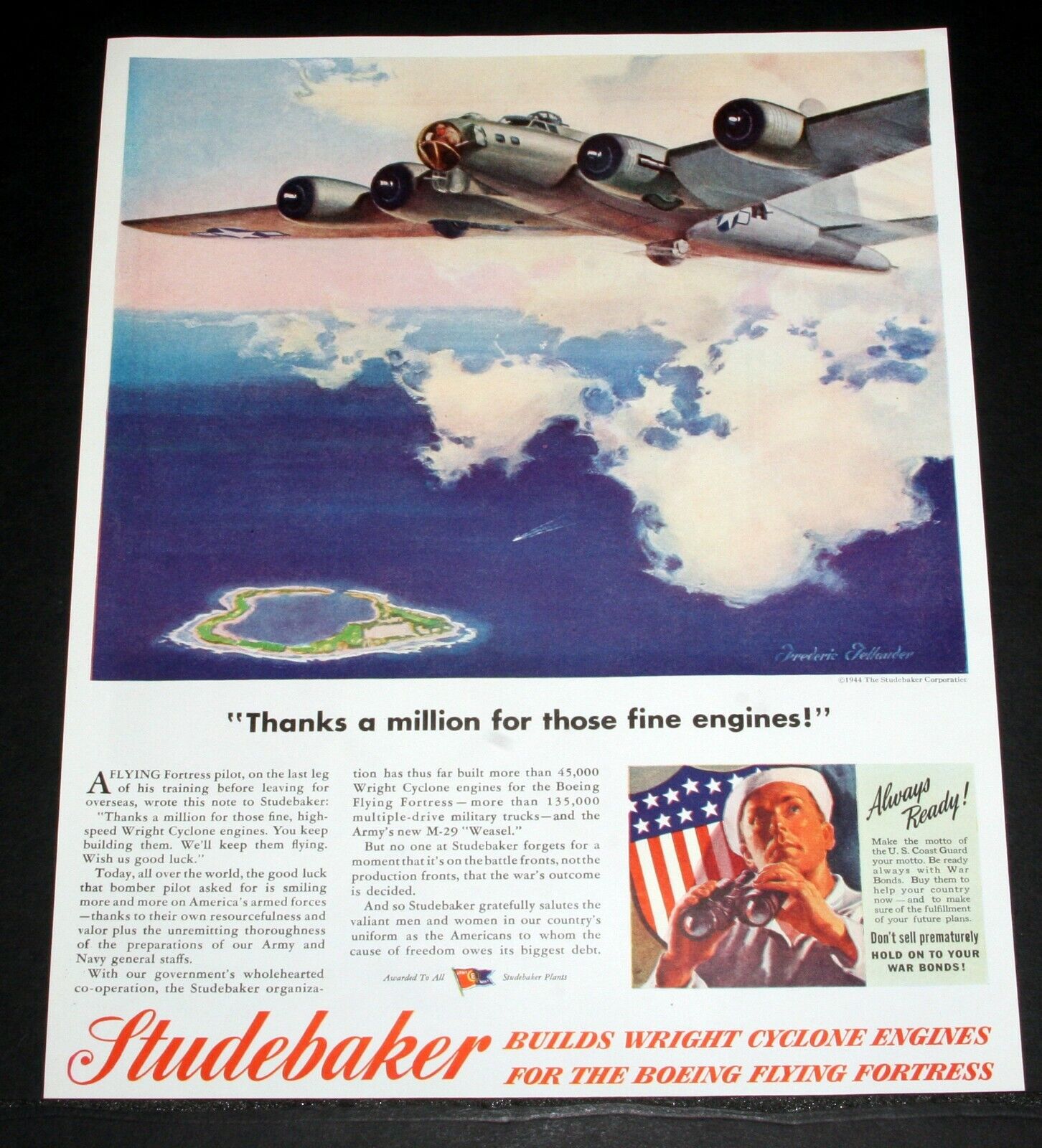 1944 OLD WWII MAGAZINE PRINT AD, STUDEBAKER, A MILLION B-17 ENGINES, TELLANDER