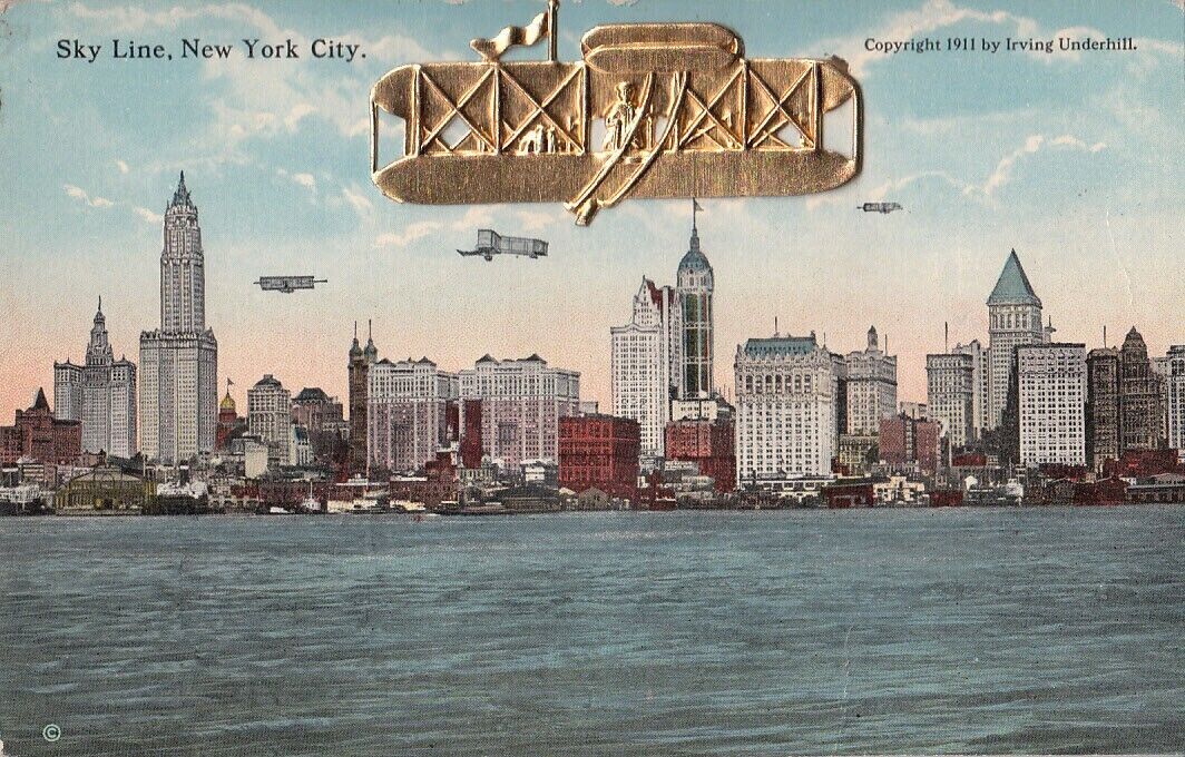 New York City Sky Line Novelty Wright Plane Aviation 1911 by Irving Underhill