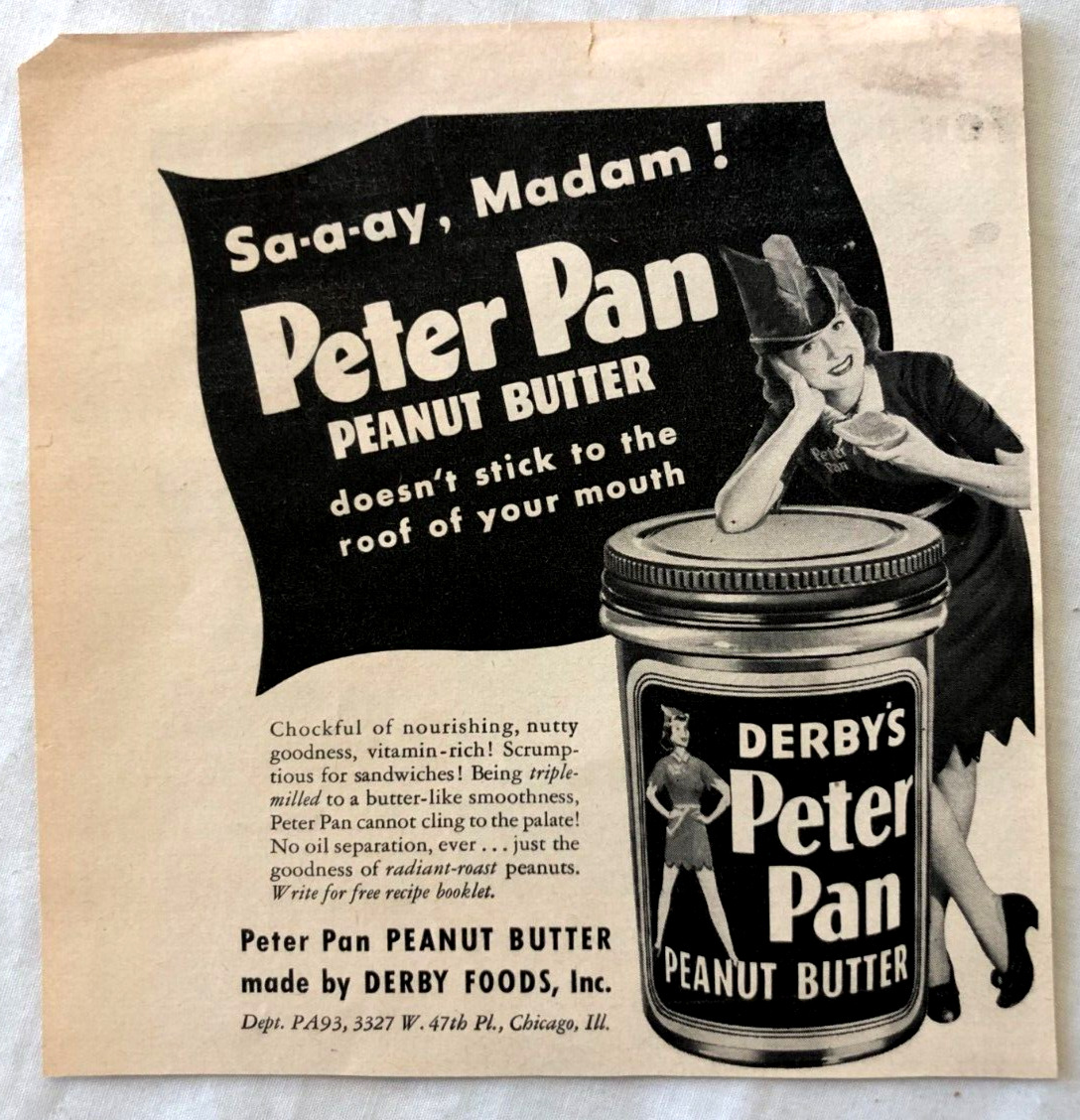 Vintage Derby\'s Peter Pan Peanut Butter Print Ad 1940s