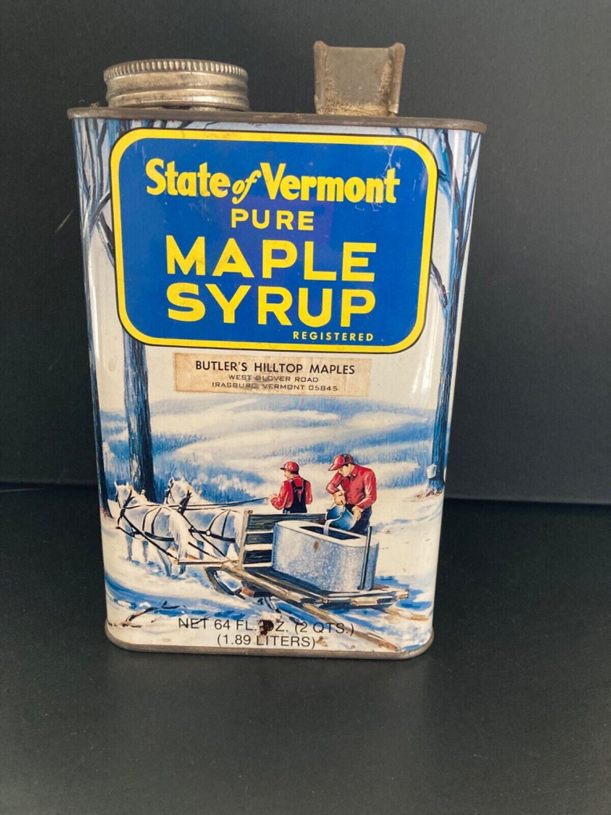 VTG Lg State of Vermont Maple Syrup Tin 2 Qt Empty Irasburg VT Great Graphics