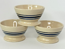 3 Blue Bell Creameries Ice Cream Bowls - Blue Striped Pottery Crock Hand Turned picture