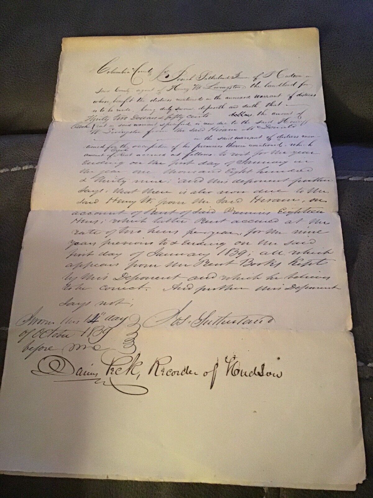 1839 Handwritten Letter Hiram M Donald Hudson Columbia NY New York Livingston