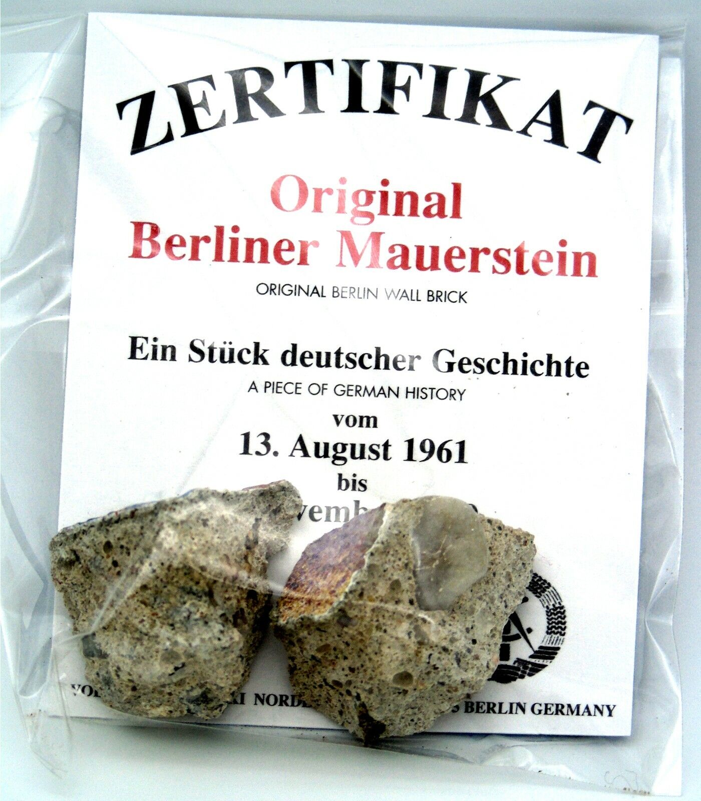 Real Piece of the BERLIN WALL with Certificate of Authenticity, Small