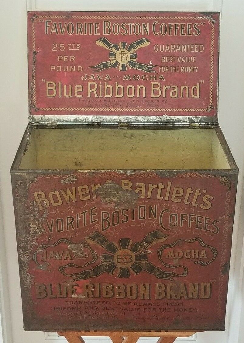 Antique Bower & Barlett Tin Bin General Store Display Boston Blue Ribbon Coffee