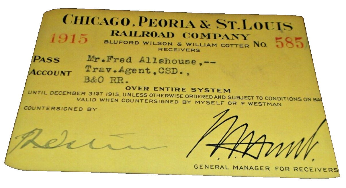 1915 CHICAGO PEORIA & ST. LOUIS RAILROAD EMPLOYEE PASS 