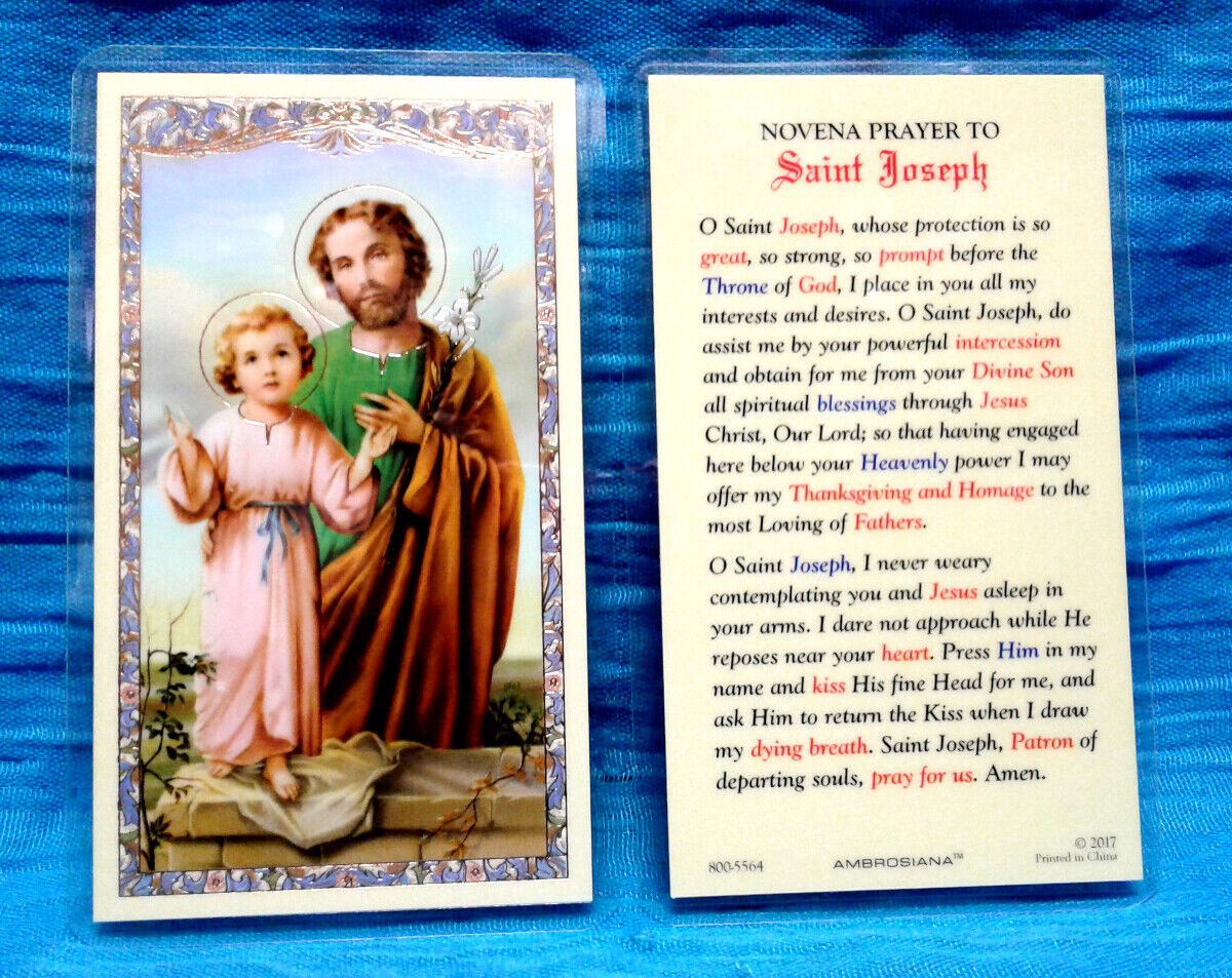 Novena Prayer to Saint Joseph w/ Jesus LAMINATED Holy Card Gilded Gold Catholic