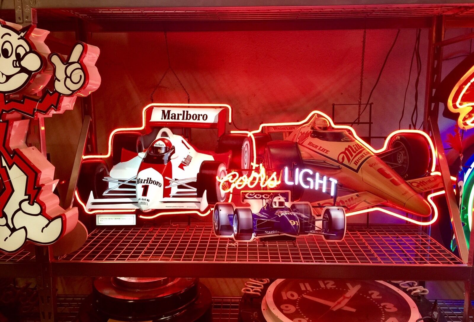 NEON SIGNS: MILLER HIGH LIFE + COORS LIGHT+ MARLBORO MOBIL  INDY F1 RACE CAR