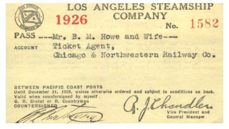 PASS  Los Angeles Steamship Company  1926  B.M. Howe & wife   Signed