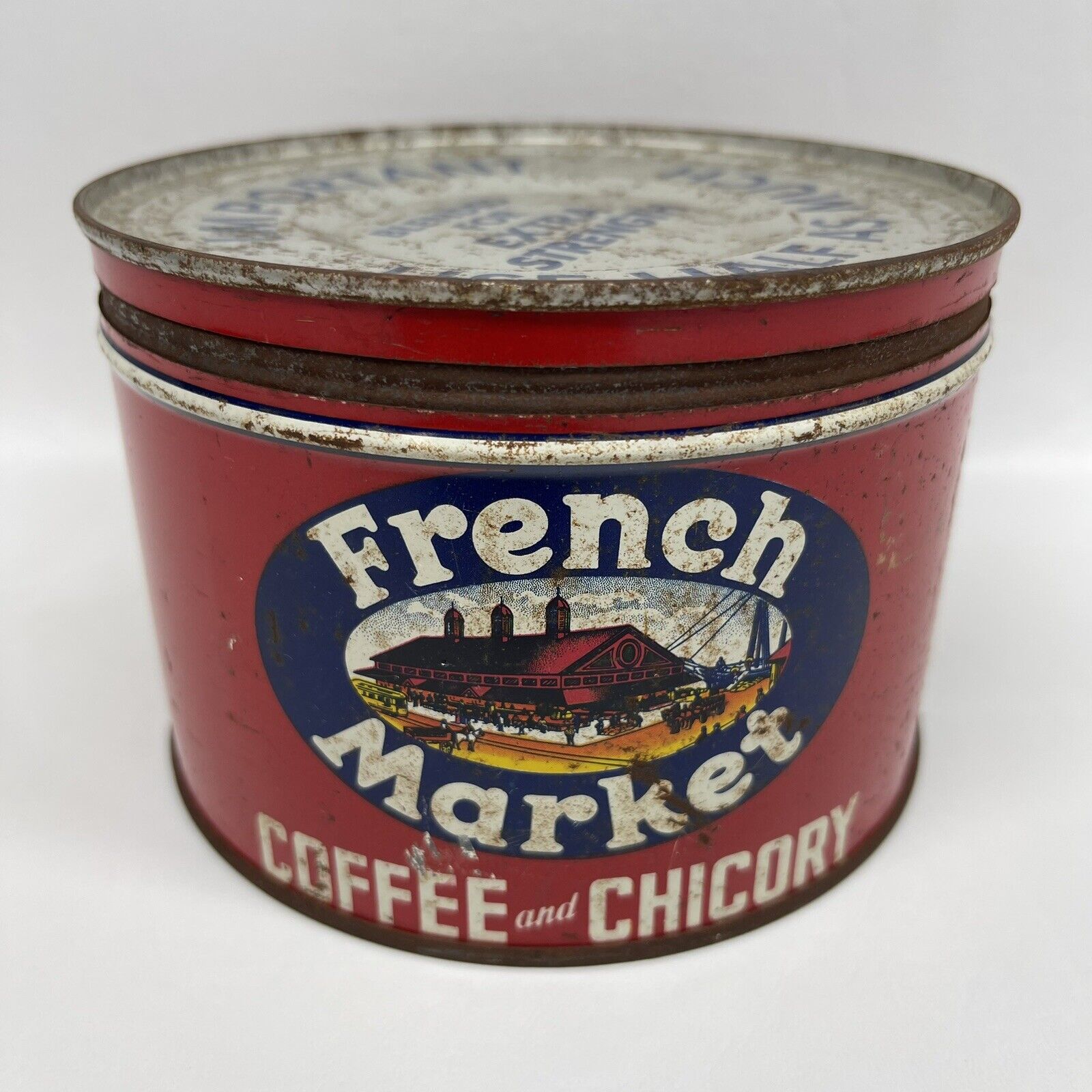 Vintage French Market Coffee Can 1 lb New Orleans LA Key Wind Red White Blue