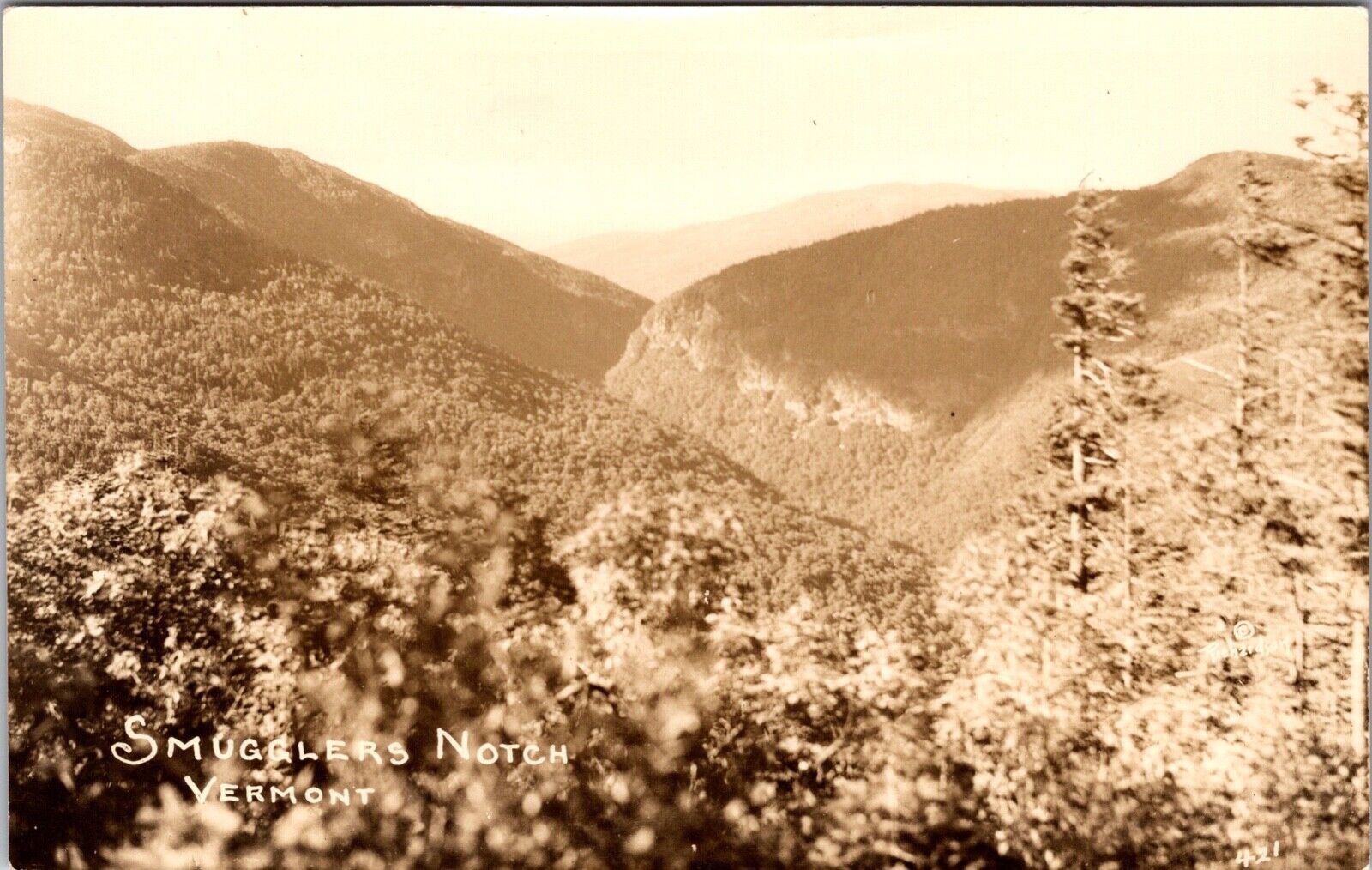 Real Photo Postcard View of Smugglers Notch in Jeffersonville, Vermont