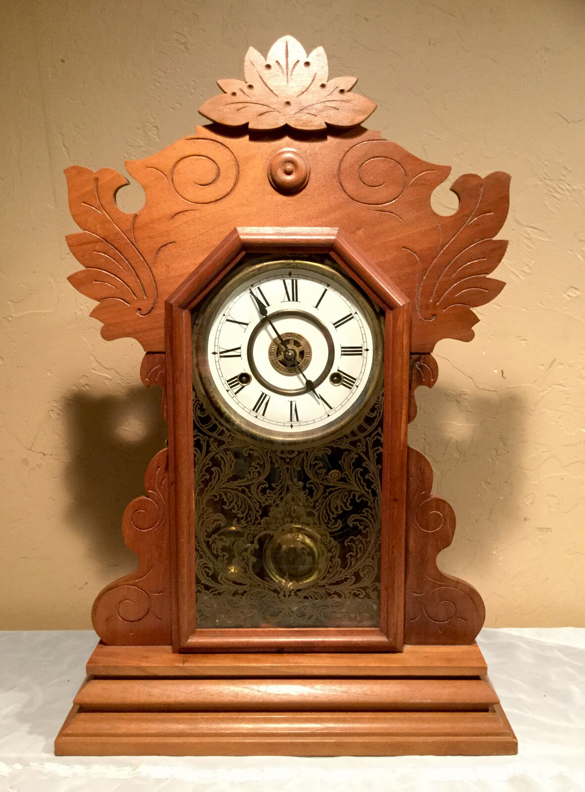 Vintage Antique New Haven Gingerbread Pendulum Kitchen Parlor Mantle Clock-Works