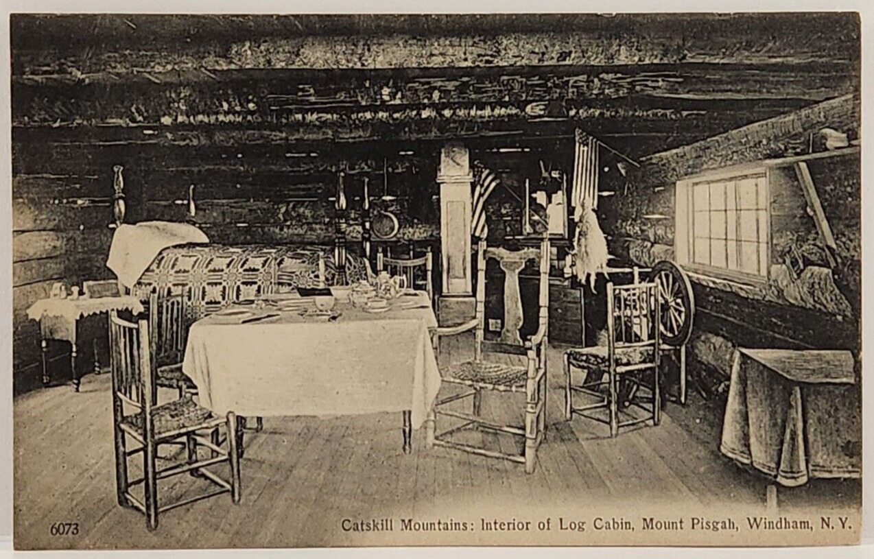 Postcard Catskill Mts Interior of Log Cabin, Mount Pisgah, Windham, NY 1907-1915