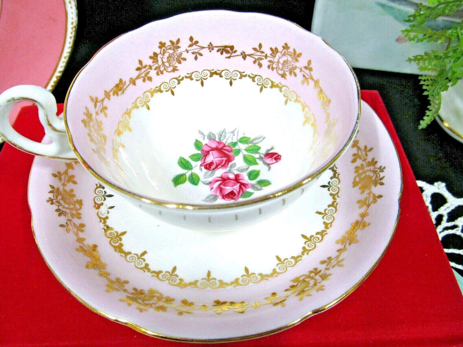Royal Grafton tea cup & saucer pink band with pink rose teacup England 1930s 
