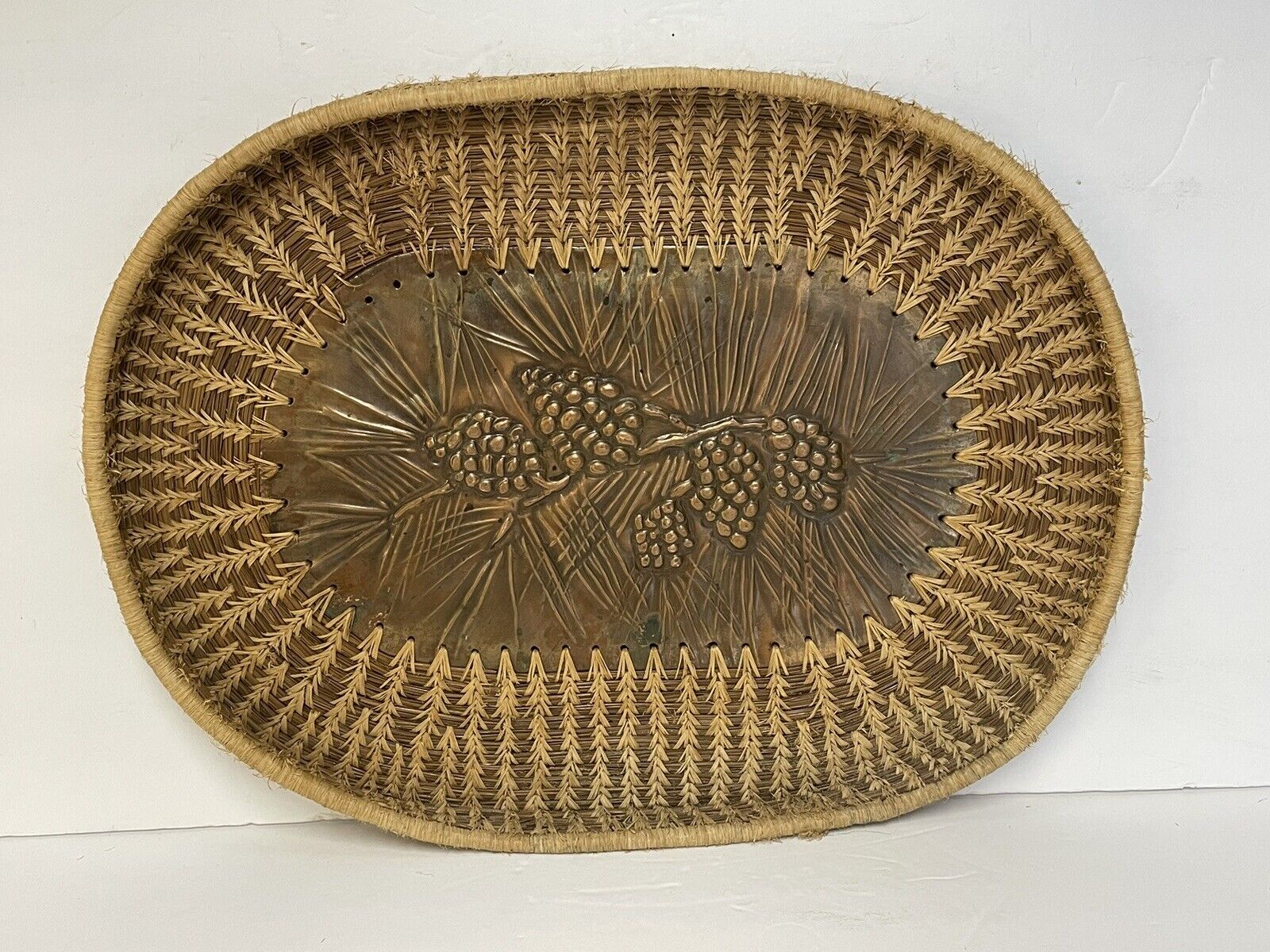 Lg Vintage Pine Needle & Sweet Grass Tray Basket w/Copper Center N.C.Folk Art