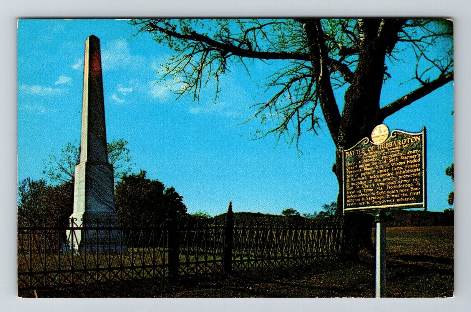 Hubbardton VT- Vermont, Revolutionary Battle Monument, Sign, Chrome Postcard