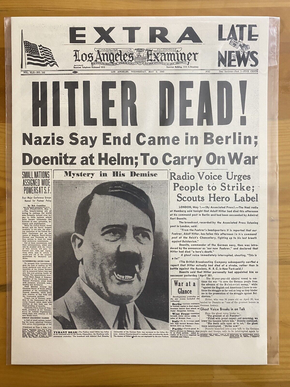 VINTAGE NEWSPAPER HEADLINE~WORLD WAR 2 GERMANY BERLIN NAZI HITLER DEAD WWII 1945