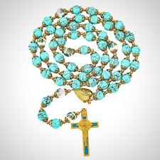 Saint St Benedict Turquoise Rosary Beads Catholic Necklace Flowers Mystery Beads picture