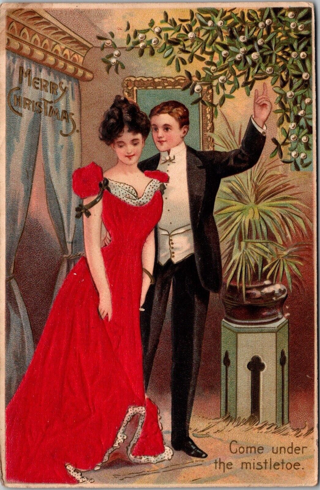 1909 Christmas Postcard Fancy Dressed Couple by Mistletoe, Red Silk Dress JA30