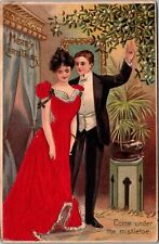 1909 Christmas Postcard Fancy Dressed Couple by Mistletoe, Red Silk Dress JA30 picture