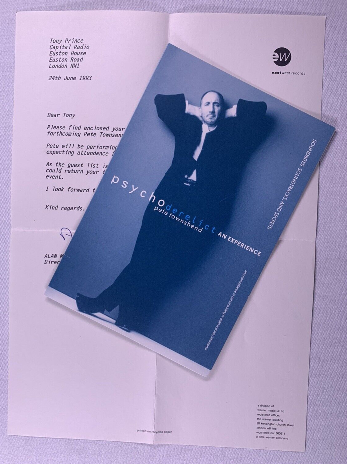 The Who Pete Townshend Invite + Letter Atlantic Records Launch Party London 1993