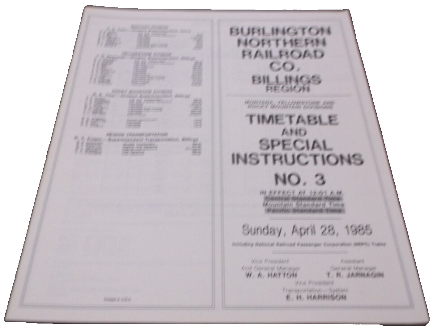 APRIL 1985 BURLINGTON NORTHERN BILLINGS REGION EMPLOYEE TIMETABLE #3