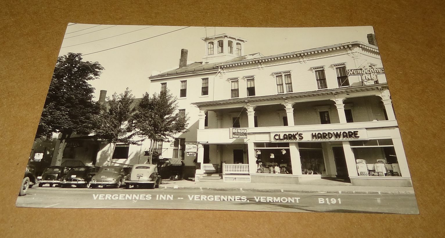 RPPC Vergennes Inn Vermont Clarks Hardware Store Early Cars Postcard