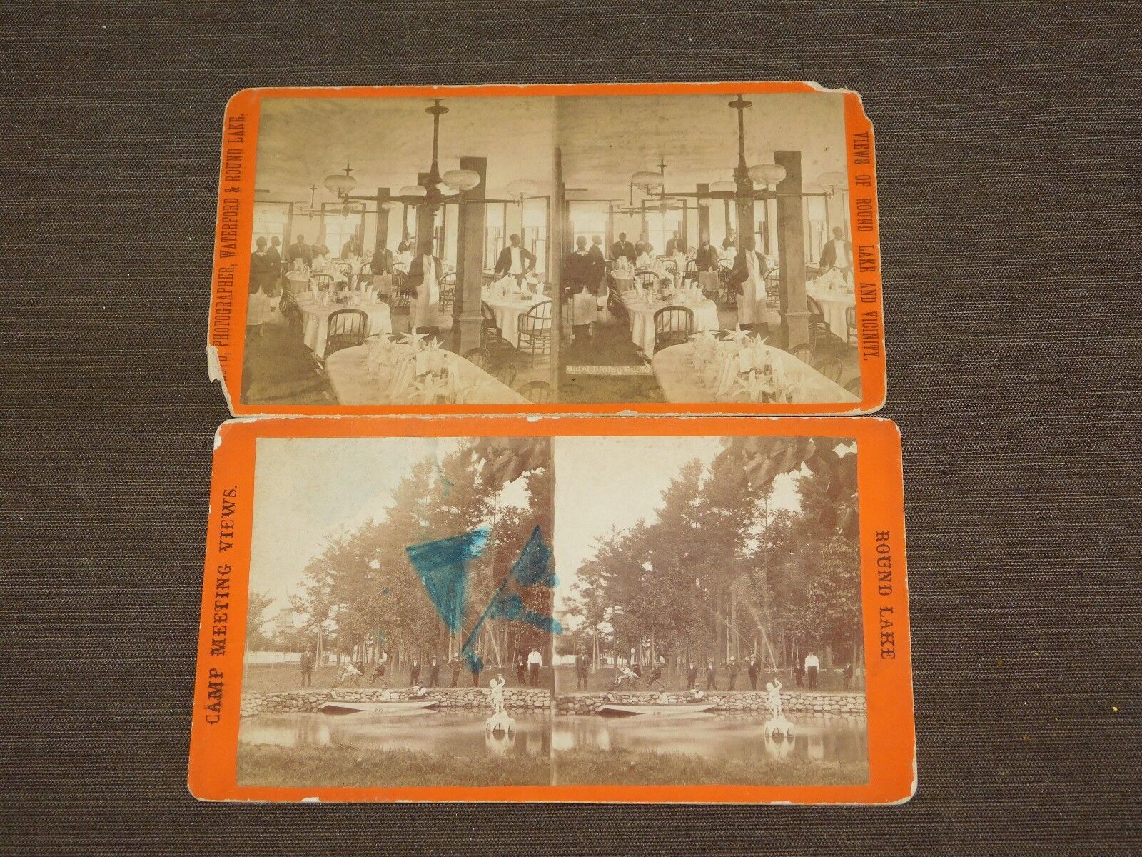 VINTAGE 2 ROUND LAKE NY STEREOSCOPIC VIEWS OLD BICYCLES AT CAMP & HOTEL DINING