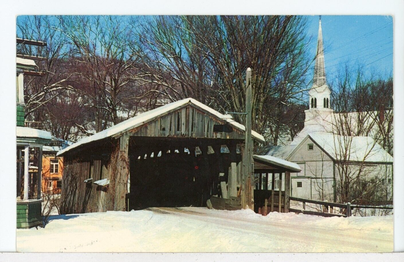 The Old Covered Bridge in Winter, Waitsfield, VT 1970s Postcard