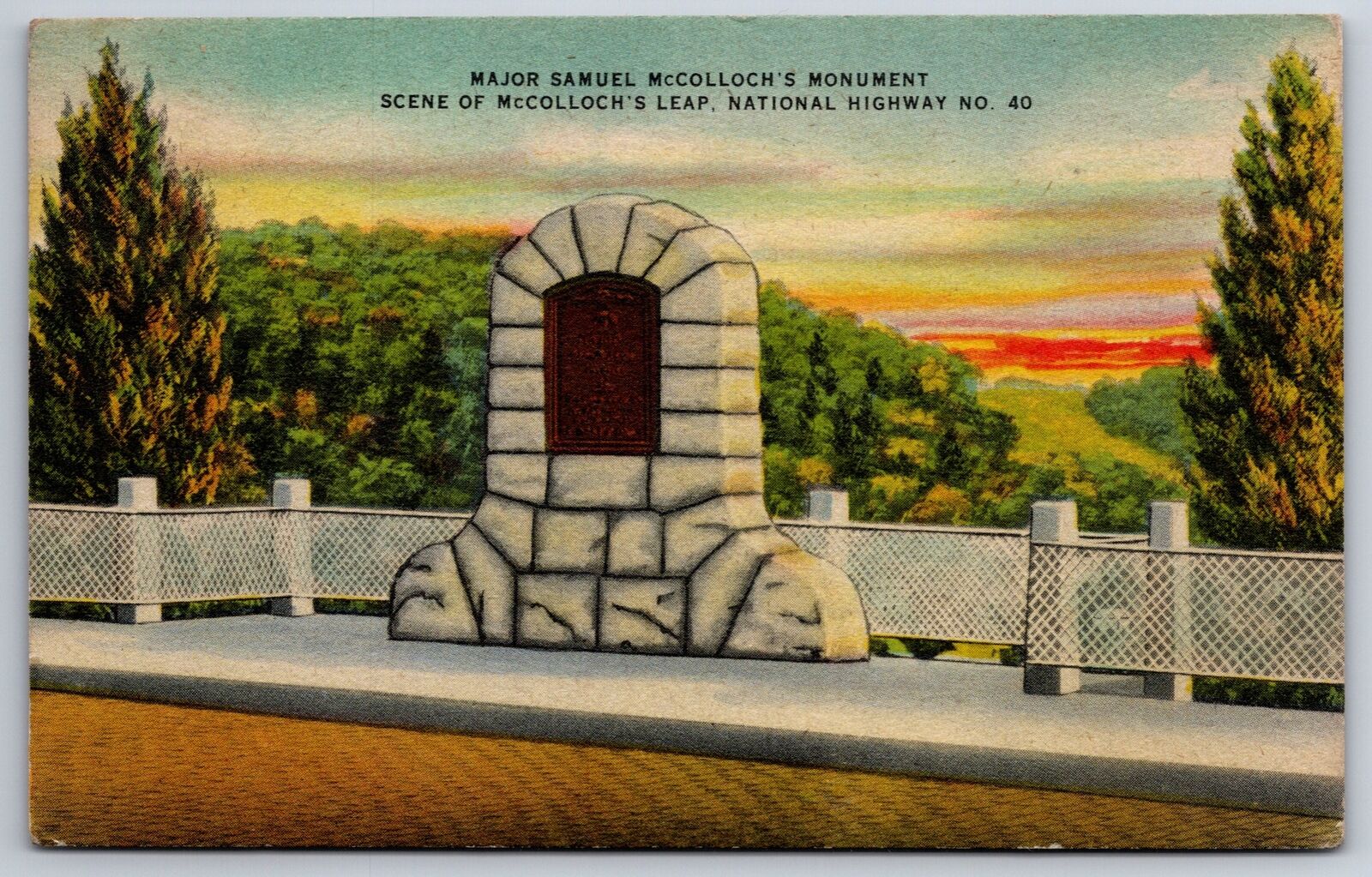 Wheeling WV~Maj Samuel McColloch Monument McColloch Leap~Vintage Linen Postcard