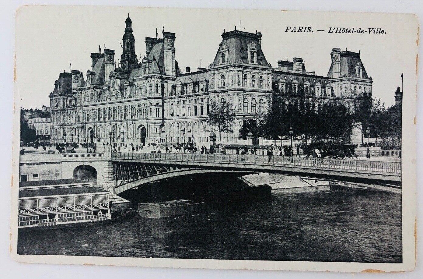 Vintage Paris France Arcole Bridge at Hotel de Ville  People Walking Water 3046