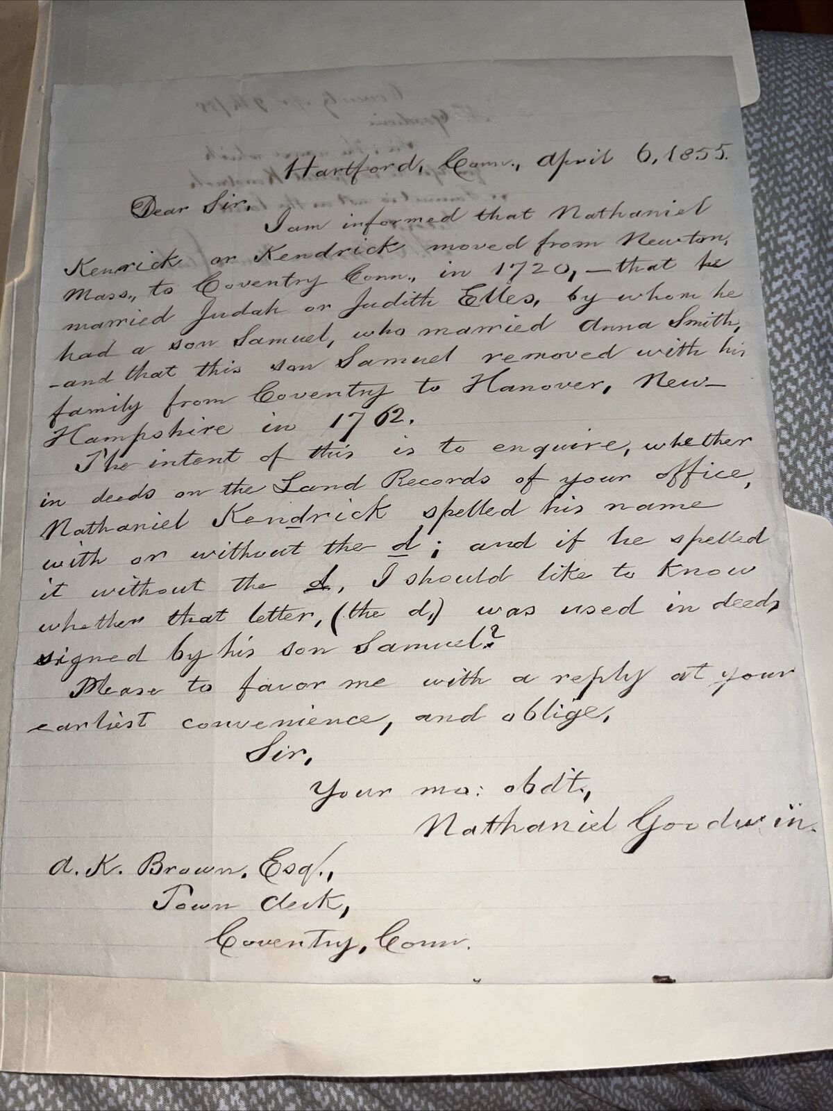 1855 Hartford Genealogist Letter to Coventry CT Town Clerk on Nathaniel Kendrick