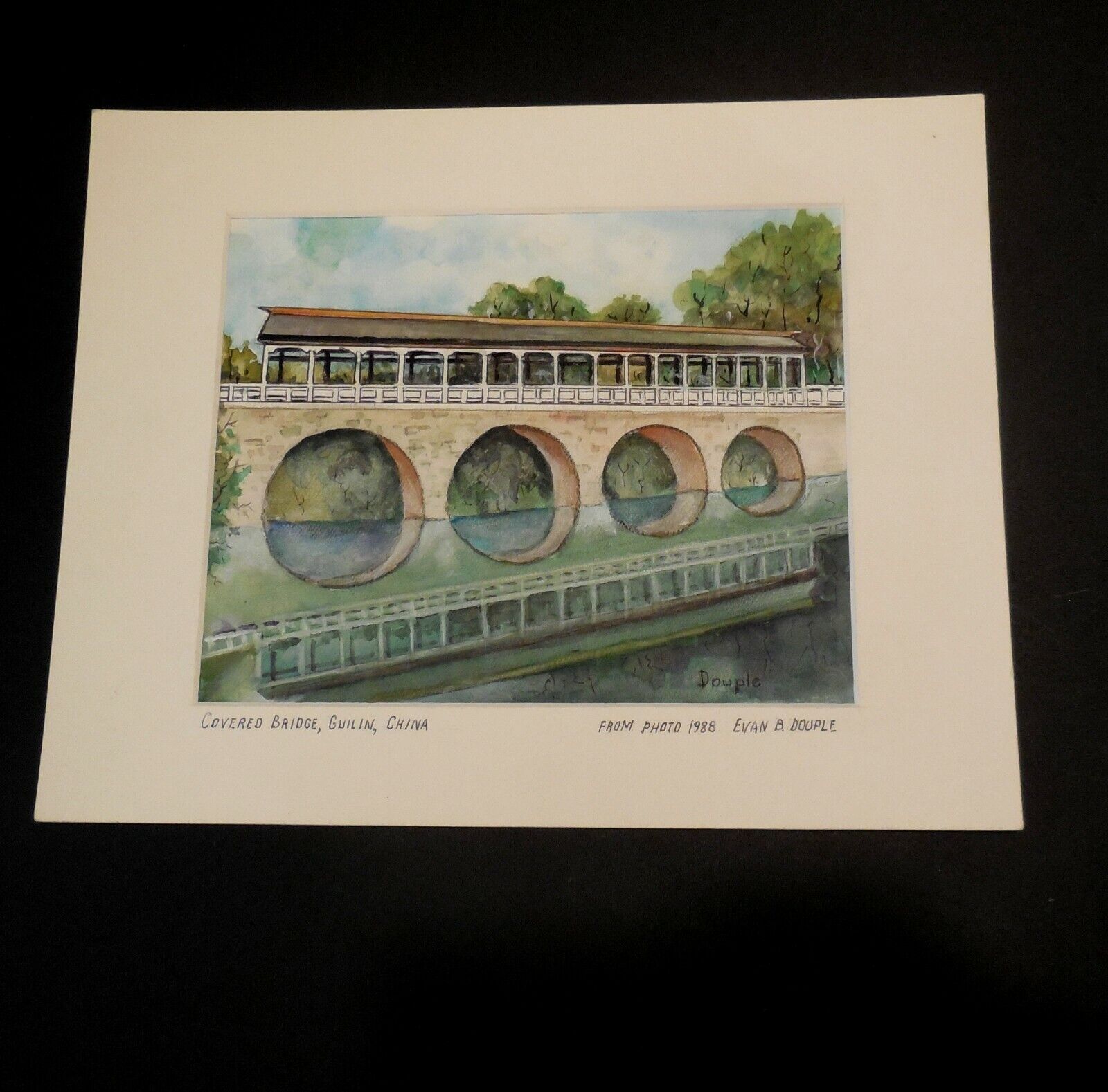 Original Water Color Painting of a Covered Bridge in China by Evan B. Douple