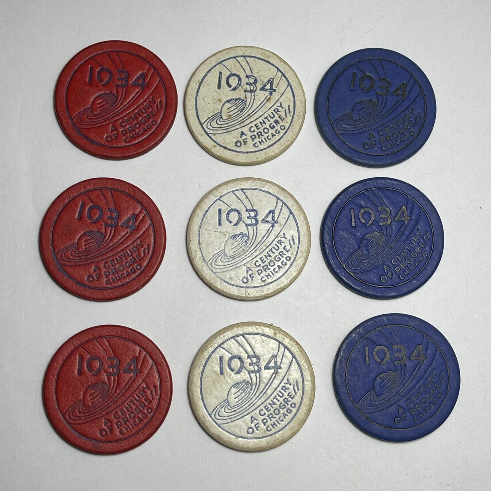 (3) Sets Of 3 Red, White & Blue A Century Of Progress Chicago Worlds Fair Tokens